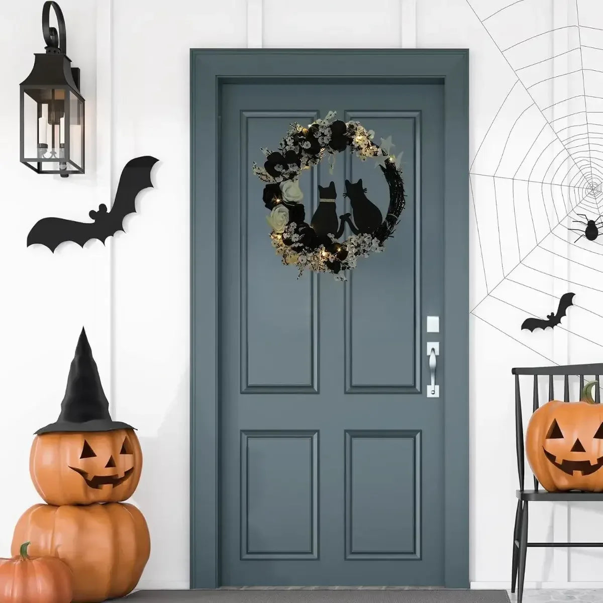 Black Cat Halloween Wreath – Crescent Spooky Front Door Décor White / United States