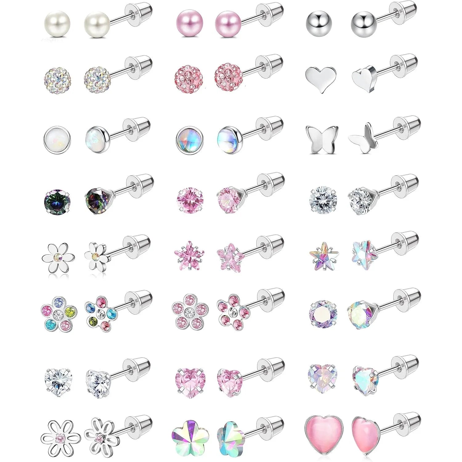 24-Pair Stainless Steel Screw Back Stud Earrings Set for Women & Girls