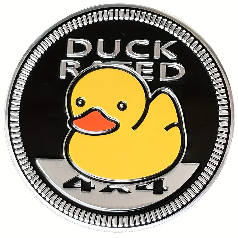 Car exterior emblem with 3D duck rated design.