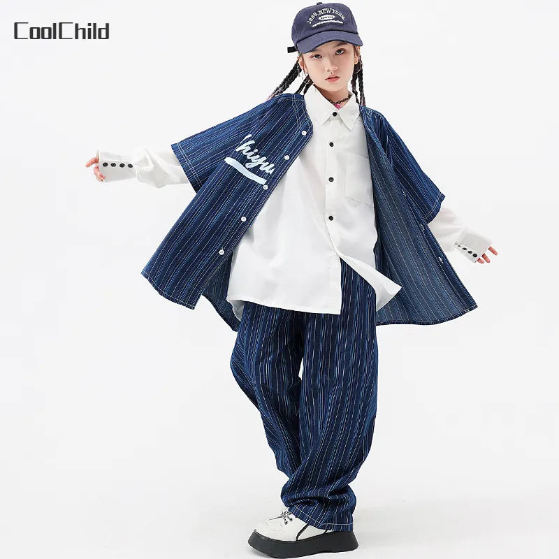 Hip Hop Boys Striped Denim Jacket Jeans Girls Shirt Street Dance Pants