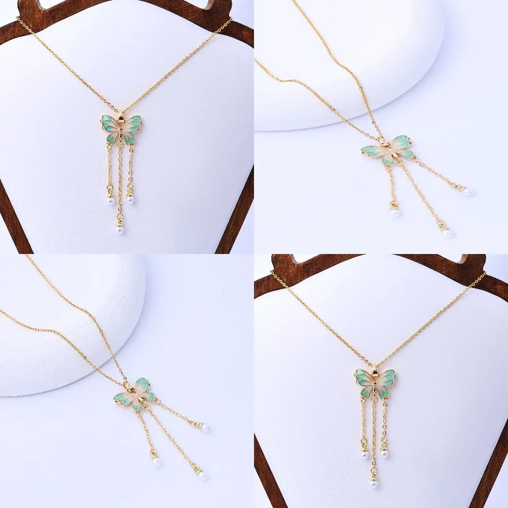 Fluorescent Butterfly Pearl Pendant Necklace