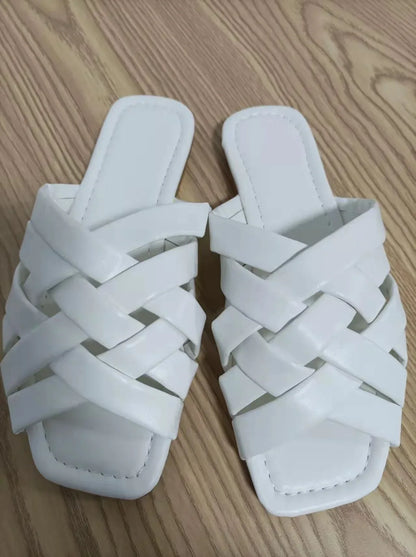 Summer Leather Flat Beach Slides Outdoor Casual Women Slippers Beige / 7.5