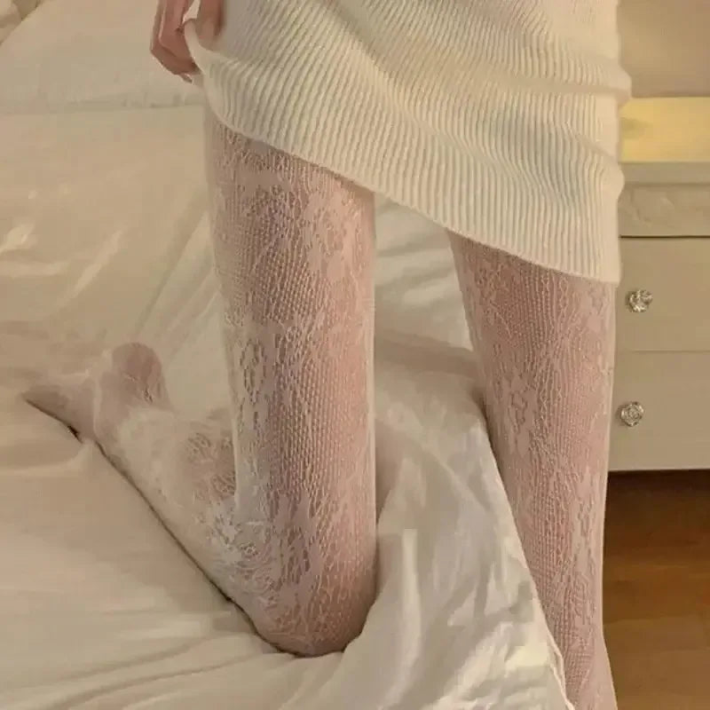 Hollowed Lace Mesh Stocking WHITE