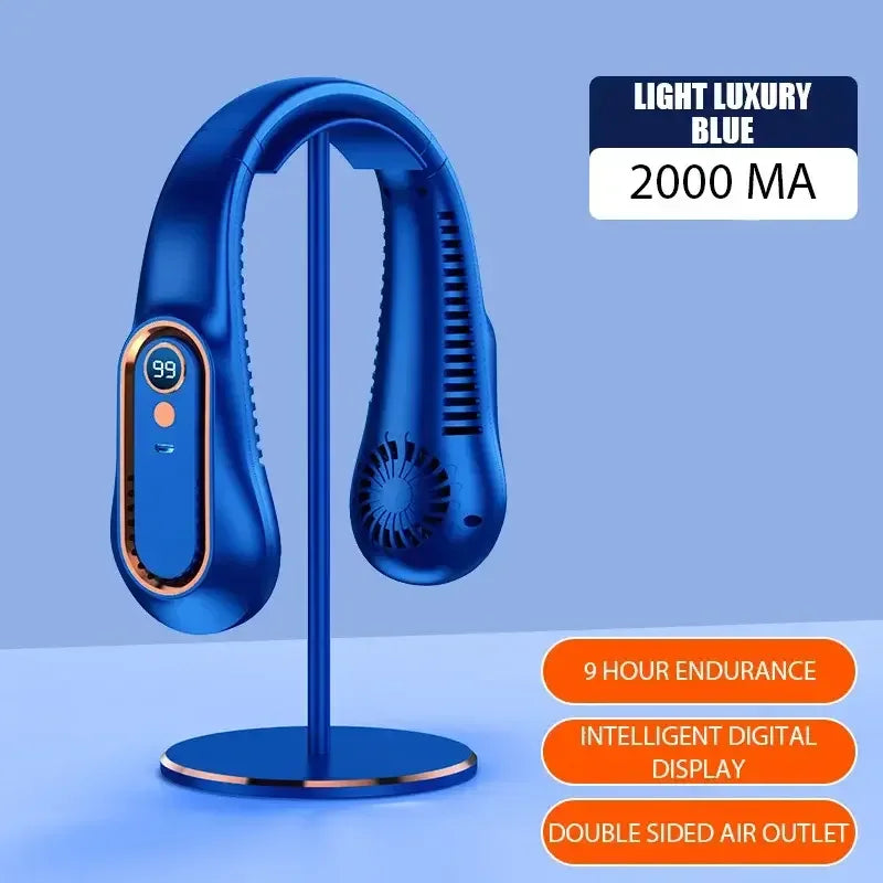 Hanging Neck Fan Digital Display Power Ventilador Bladeless Neckband Fan Portable Mini Air Cooler Blue / United States