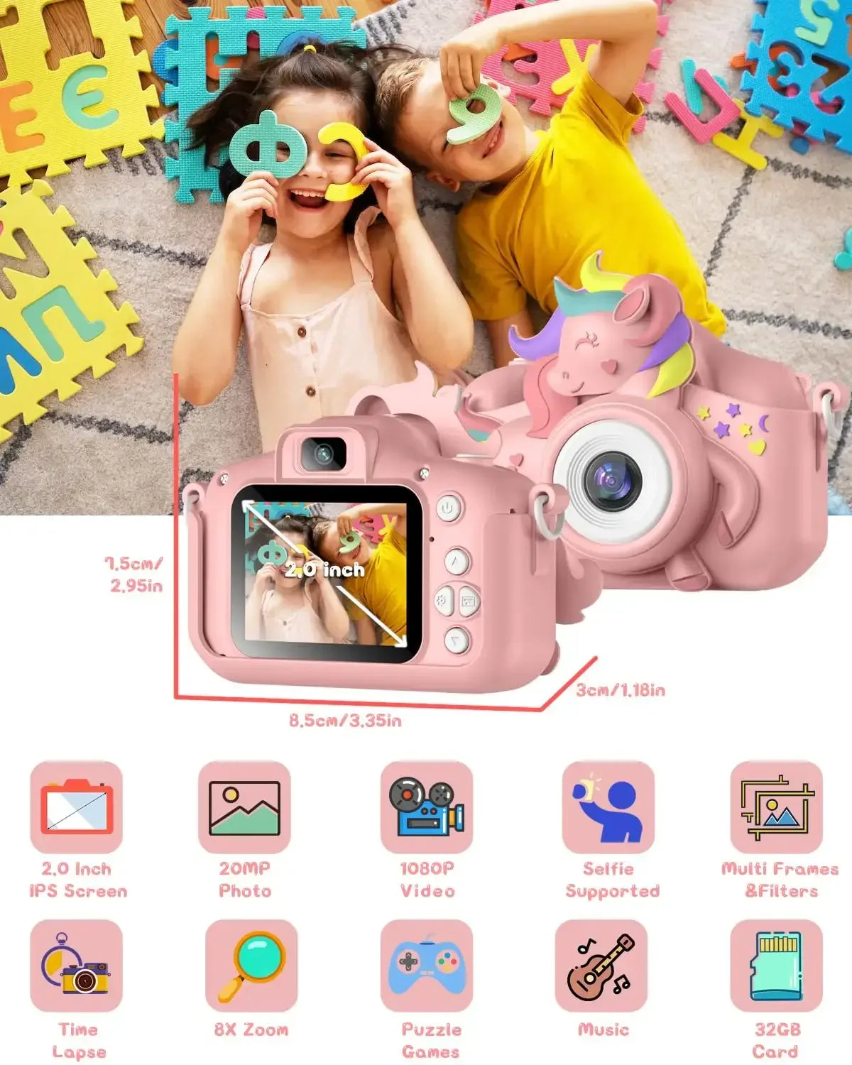 Kids 2.0" HD Digital Selfie Camera with 32GB Card – 20MP Cartoon Camera Toy for Girls & Boys