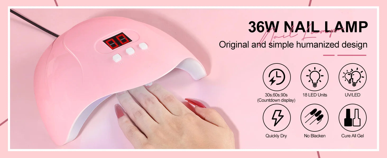 Acrylic Nail Kit with 36W UV LED Nail Lamp Base Top Coat Suitable for Nail Extension and Decoration Nail Tools