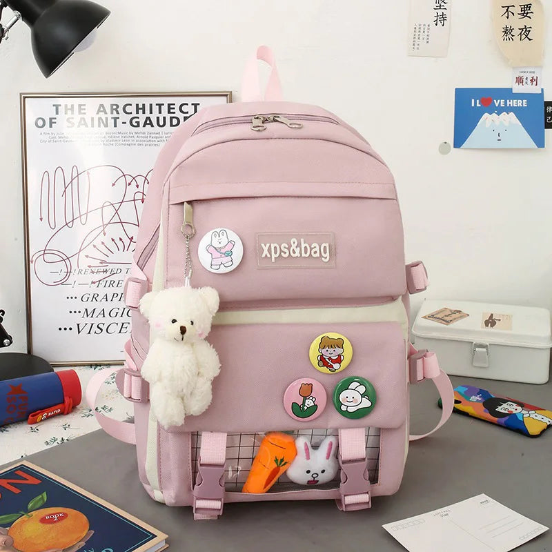 Four Piece Backpack With Teddy Bear Pendant