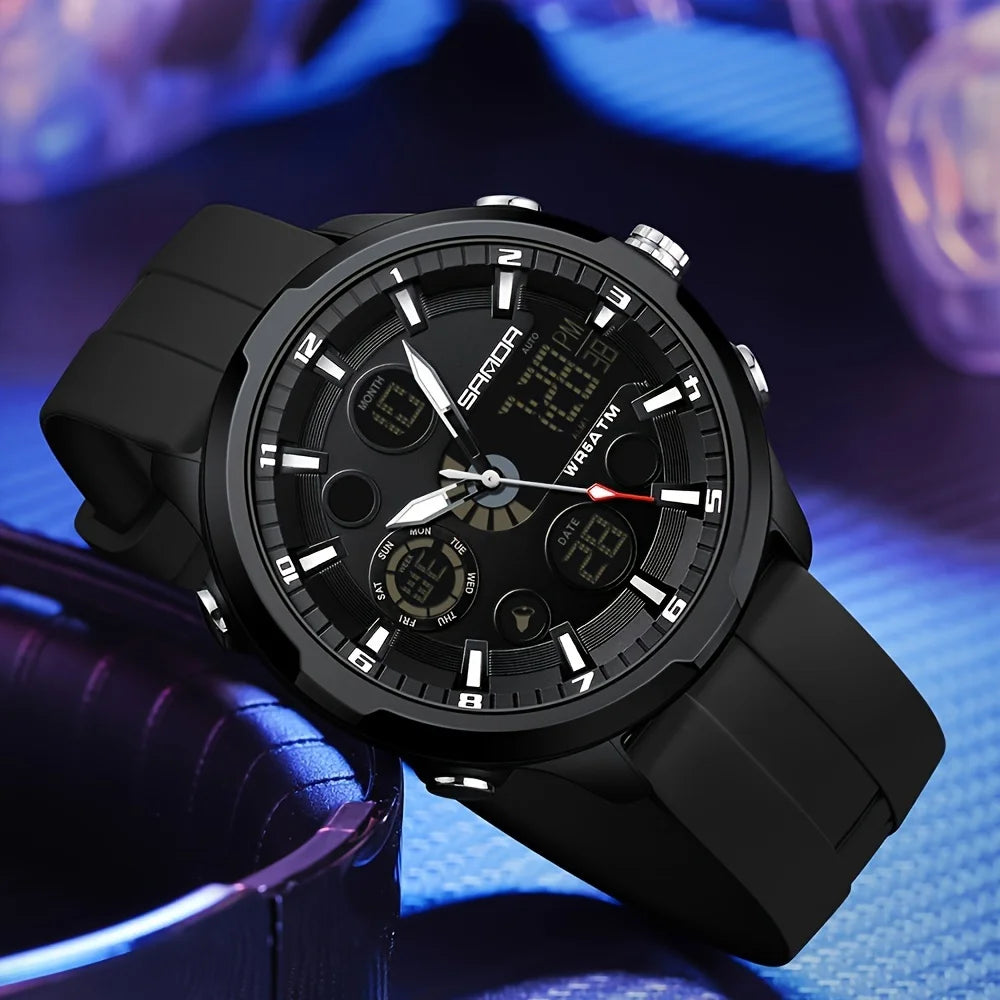 Electronic Round Watch Luminous Dual Display Timing Week Date Alarm Clock Stopwatch Multi Function Watch