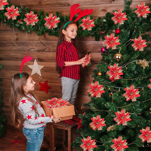 Glitter Poinsettia Christmas Tree Ornaments – 12/24/36PCS Red / 12pcs / United States