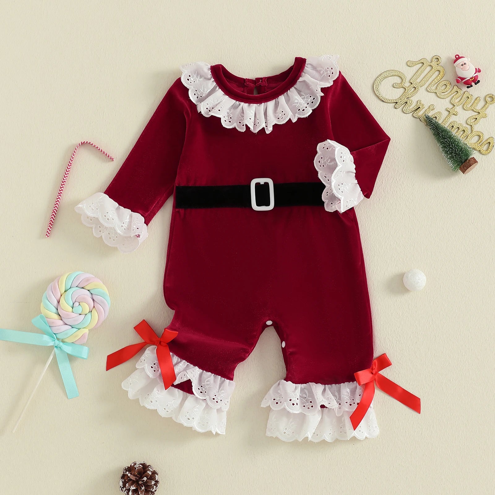 Baby Girls Christmas Velvet Romper – Long Sleeve Santa Jumpsuit