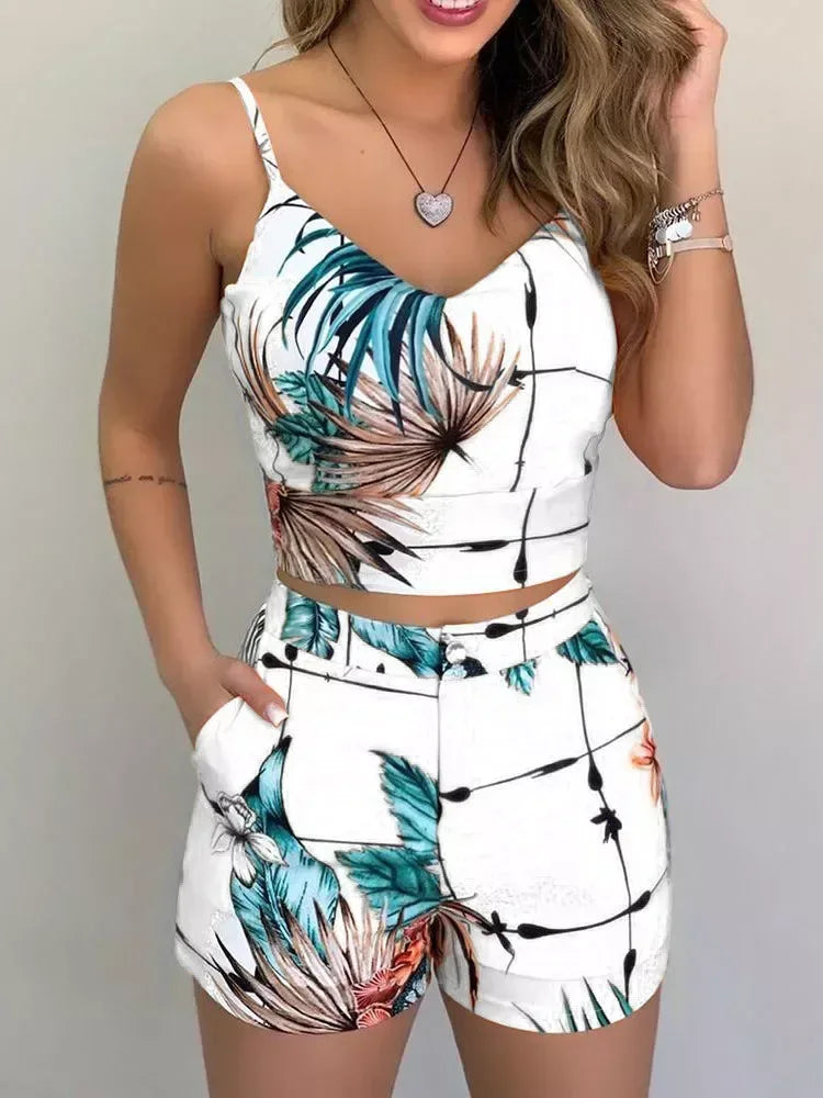 Print Spaghetti Strap Crop Top & Short Sets White / S