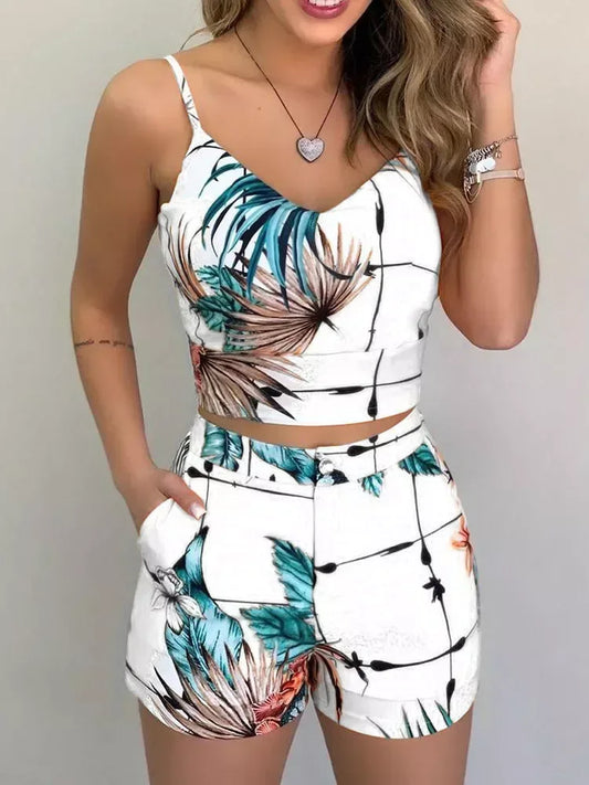 Print Spaghetti Strap Crop Top & Short Sets White / S