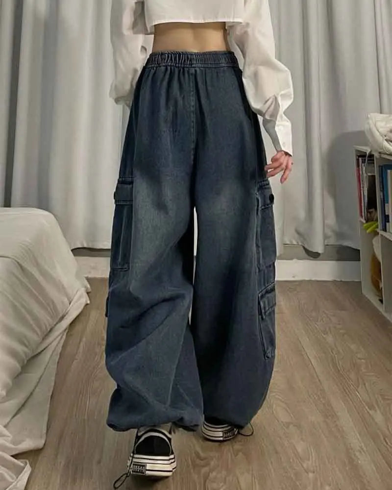 Elastic Waist Straight Wide Leg Pants Oversized Baggy Denim Trousers