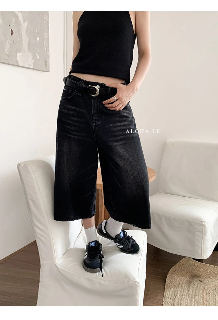 Baggy Denim Shorts Wide Leg