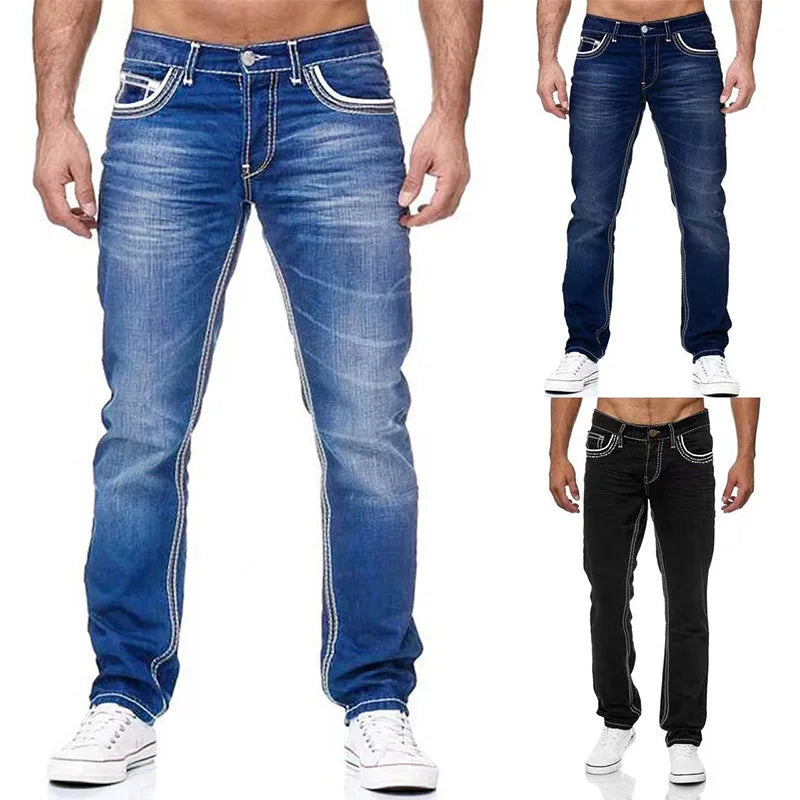 Men Jeans Solid Pockets Stretch Denim Straight Pants