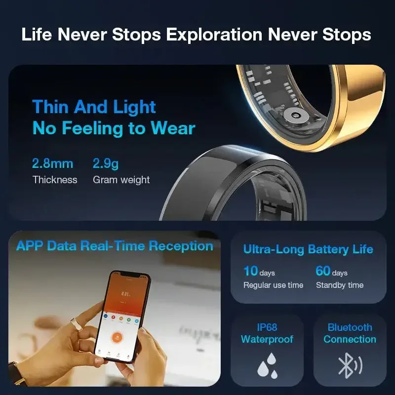 Aolon Gen3 Smart Ring Men Women Military Grade Titanium Steel Shell Waterproof Multi-sport Modes black / United States / 8