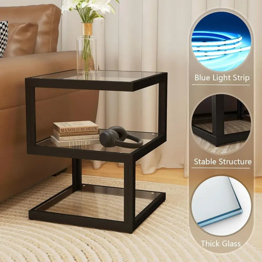 3-Tier S-Shaped Glass Side Table with LED Strip
