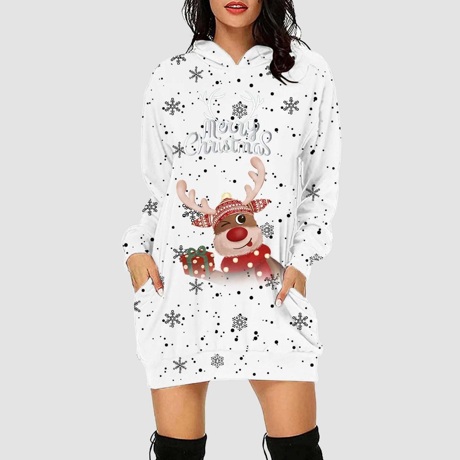 Women & Girls Christmas Sweatshirt Dress – Snowflakes & Reindeer Print, Long Sleeve
