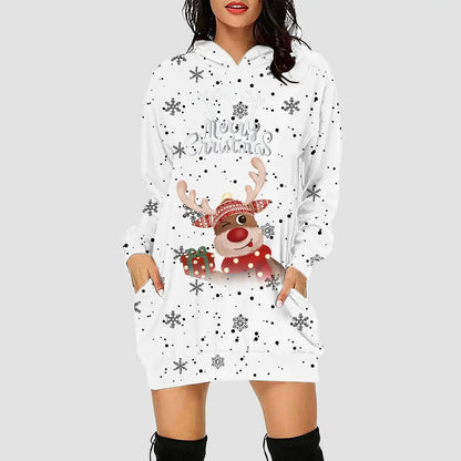 Women & Girls Christmas Sweatshirt Dress – Snowflakes & Reindeer Print, Long Sleeve White / L / United States