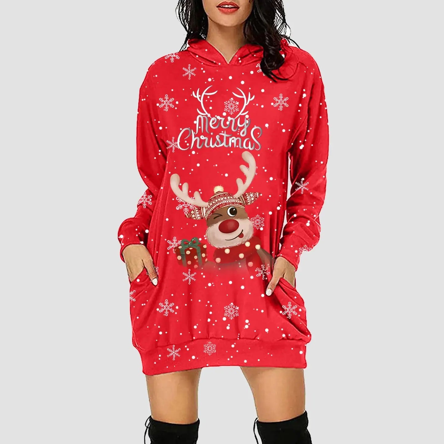 Women & Girls Christmas Sweatshirt Dress – Snowflakes & Reindeer Print, Long Sleeve Red / L / United States