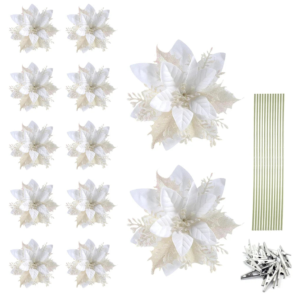 Glitter Poinsettia Christmas Tree Ornaments – 12/24/36PCS Red / 12pcs / United States