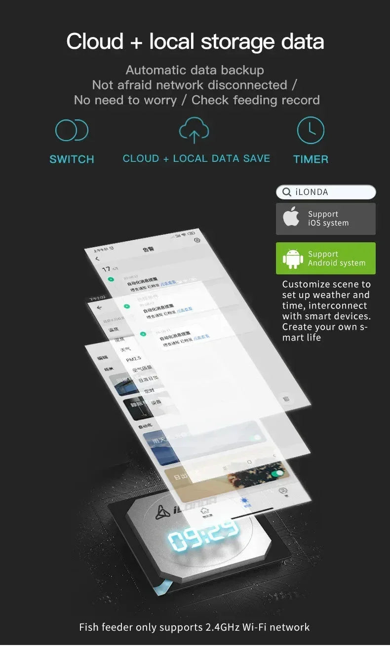 Wifi Wireless Intelligent Remote Control Fish Tank Dispenser WiFi Black