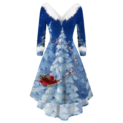 Women’s Christmas Plush Party Dress – V-Neck Swing Long Dress Red / M / United States