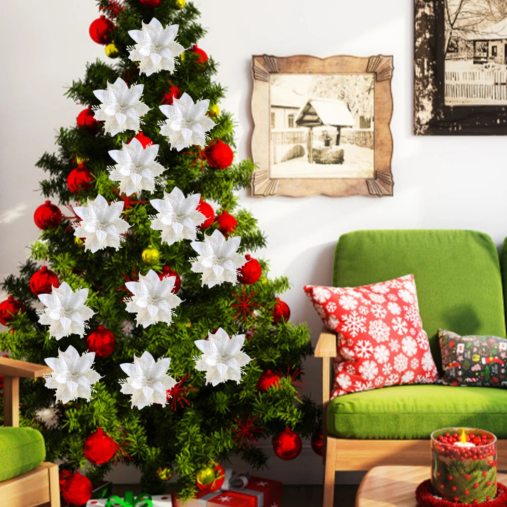 Glitter Poinsettia Christmas Tree Ornaments – 12/24/36PCS Red / 12pcs / United States