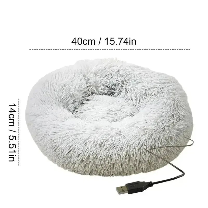 Round Dog Bed House Dog Mat Long Plush Cats Nest USB Heating Dog Basket Pet Cushion Soft Sleeping Pets Winter Warmth Supplies Gray / M / United States