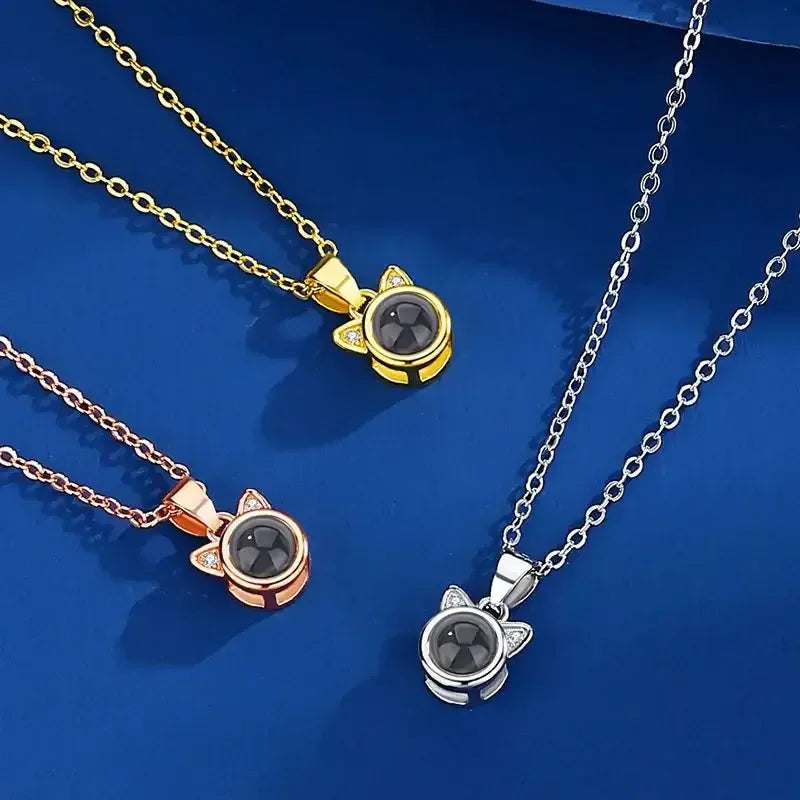 Custom Photo Projection Necklace Cat Zircon Ear Pendant Rose Gold / United States / 45cm