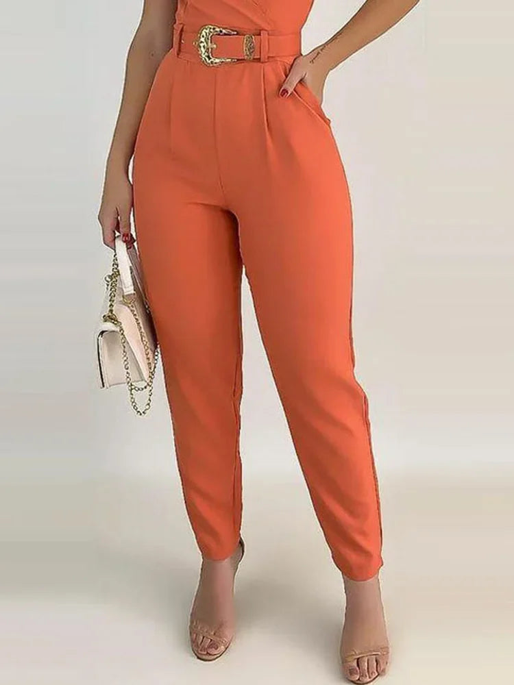 V-Neck Pocket Detail Cami Jumpsuit with Belt