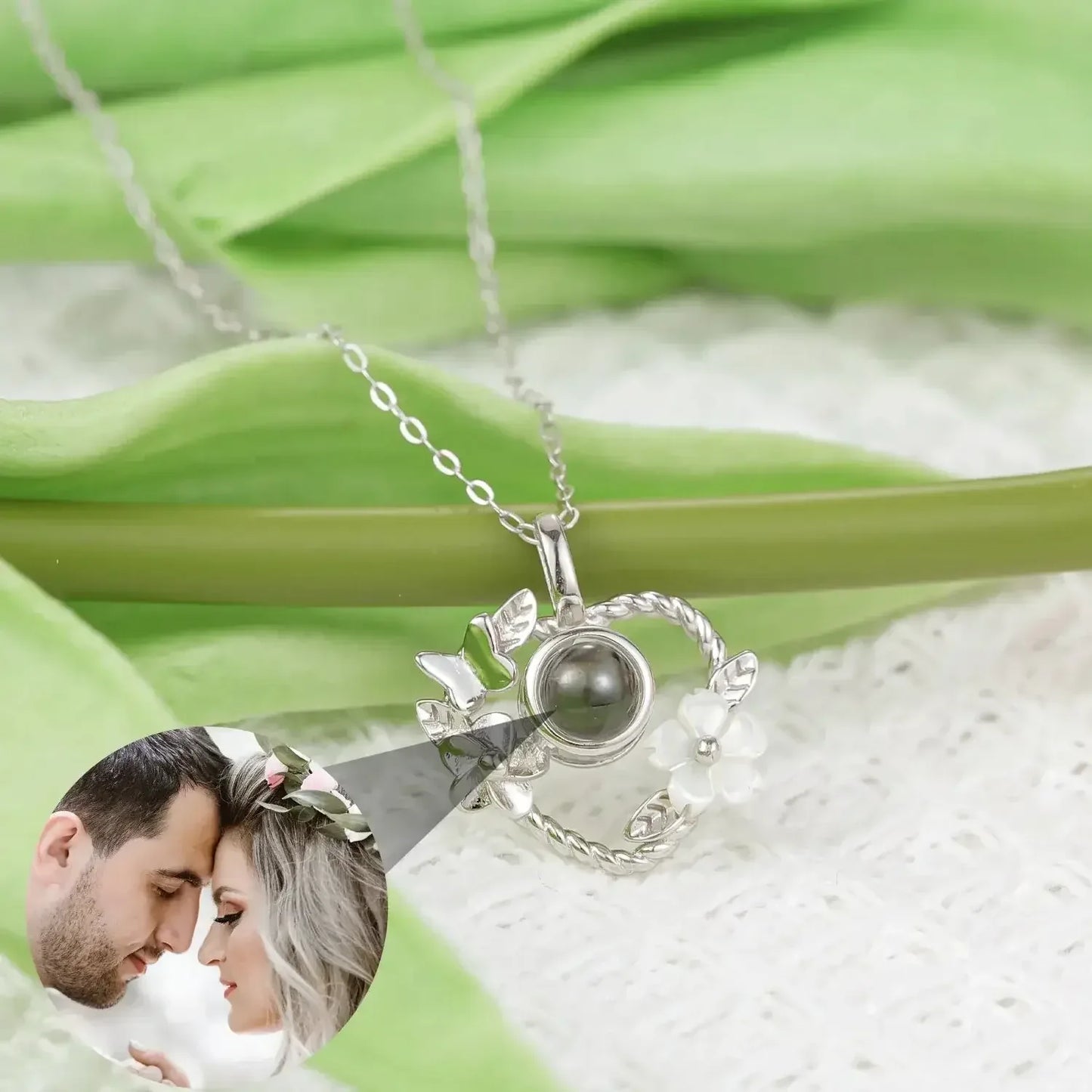 925 Silver Heart Projection Necklace Custom Photo Flower Pendant for Women Silver / 925 Sterling Silver / 50cm