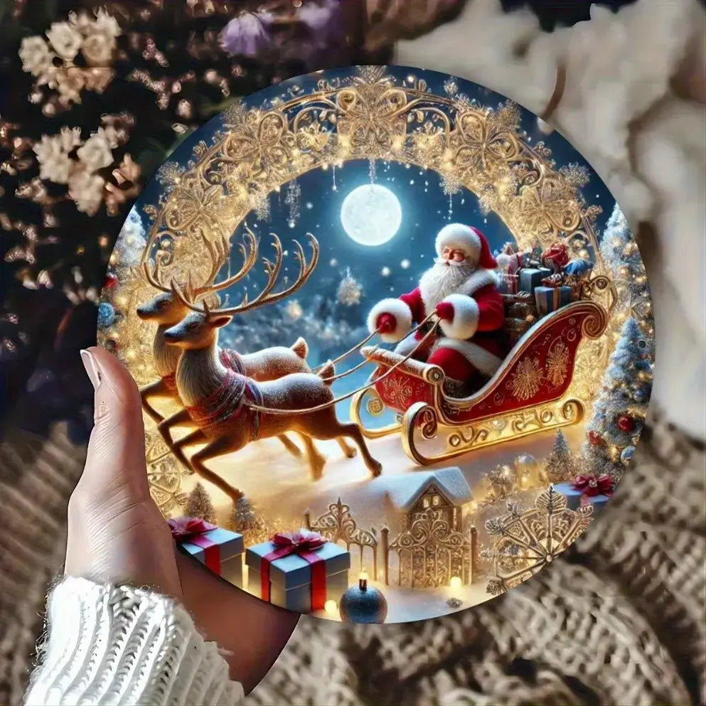 Santa Claus Sleigh Round Metal Wall Sign