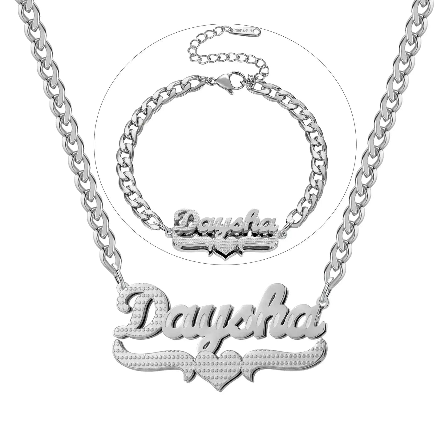 Double Plated Coustom Luxury Set Jewelry Unique Name Necklace Bracelet Silver-Set / United States