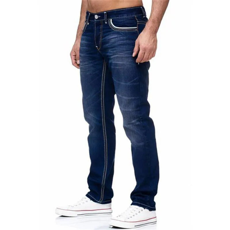 Men Jeans Solid Pockets Stretch Denim Straight Pants