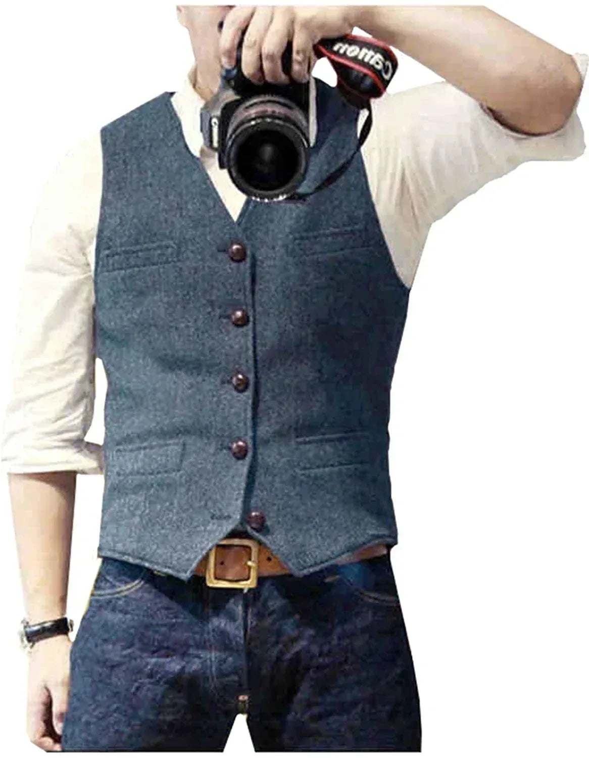 Suit Vest V Neck Herringbone Tweed Slim Fit light navy / XS