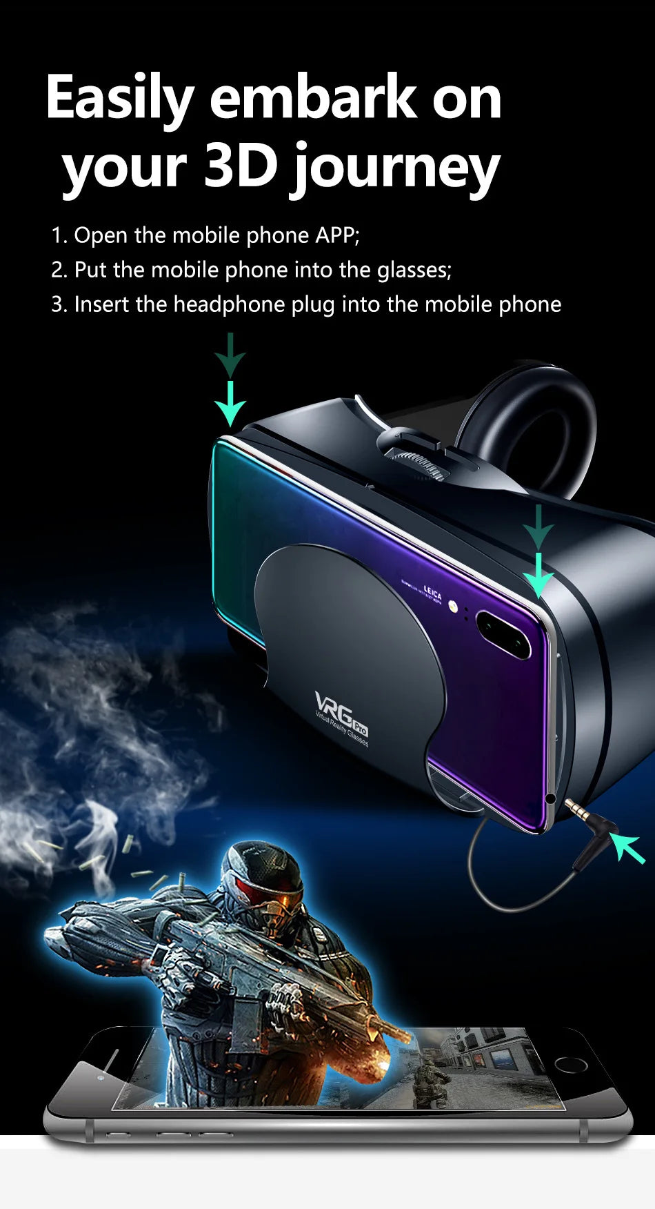 VRG Pro 3D VR Headset with Adjustable Lenses – Immersive Smart Glasses for 3.5–7” Smartphone