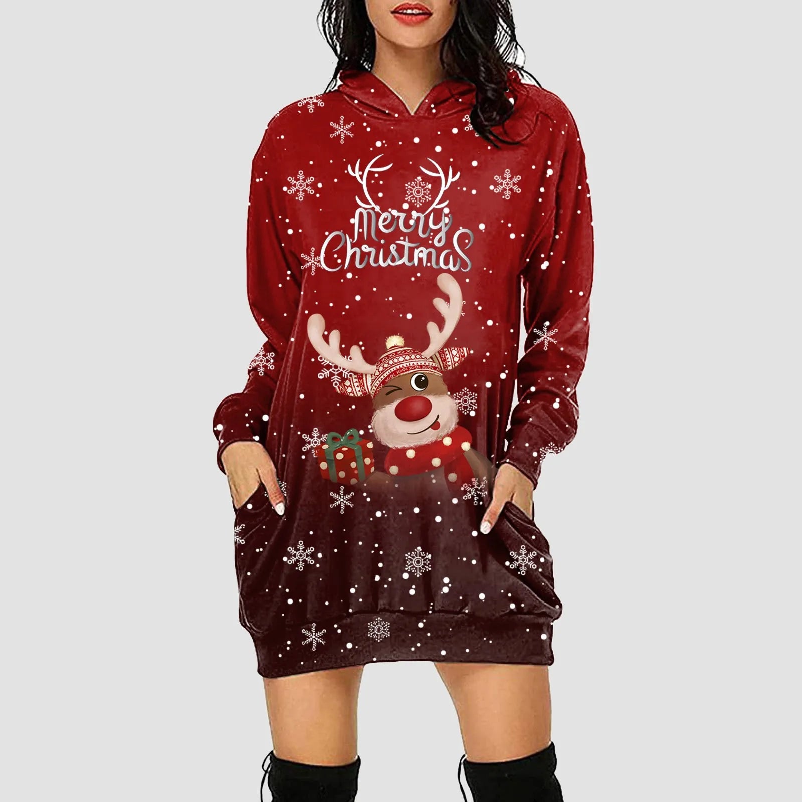 Women & Girls Christmas Sweatshirt Dress – Snowflakes & Reindeer Print, Long Sleeve