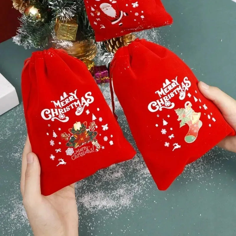 Red Christmas Velvet Bags Santa Candy Snack Drawstring Pouch