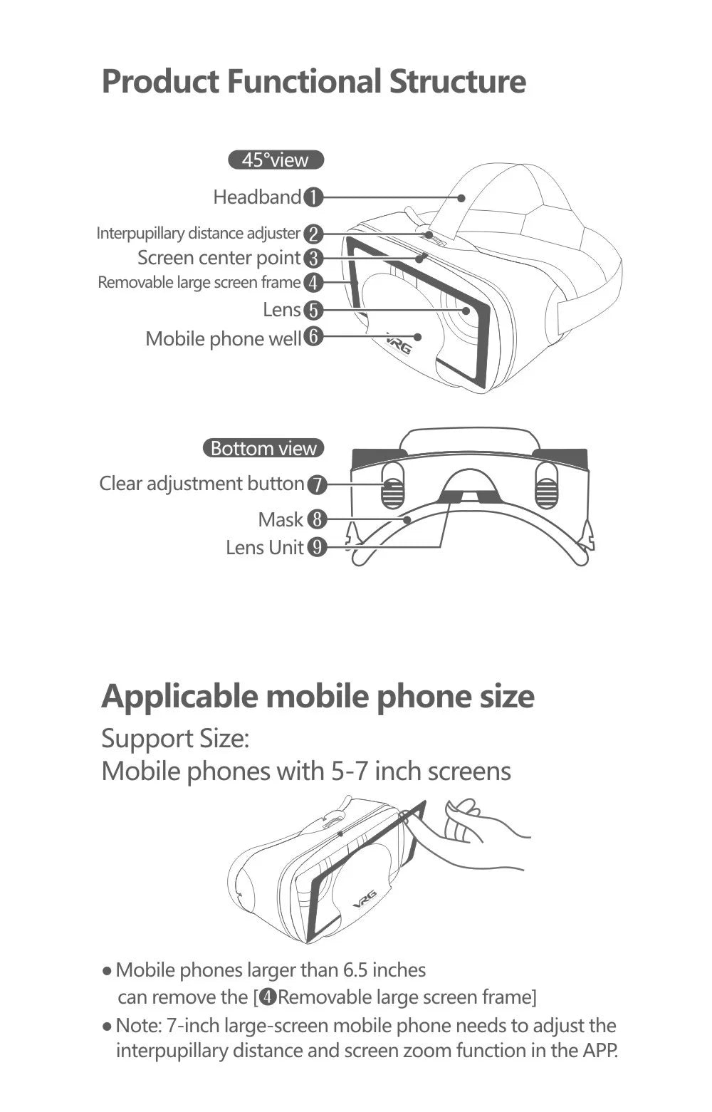 VRG Pro 3D VR Headset with Adjustable Lenses – Immersive Smart Glasses for 3.5–7” Smartphone
