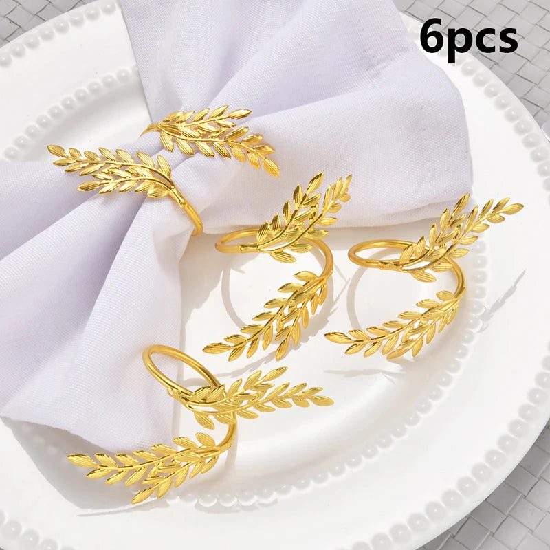 6Pcs Gold Wheat Napkin Rings Metal Leaf Napkin Holder For Harvest Festival Fall Christmas Thanksgiving Dinner Table Decoration