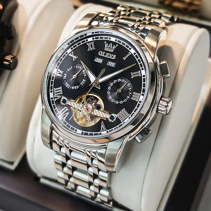 OLEVS Men's Watches Automatic Mechanical Business Wristwatch Silver black face