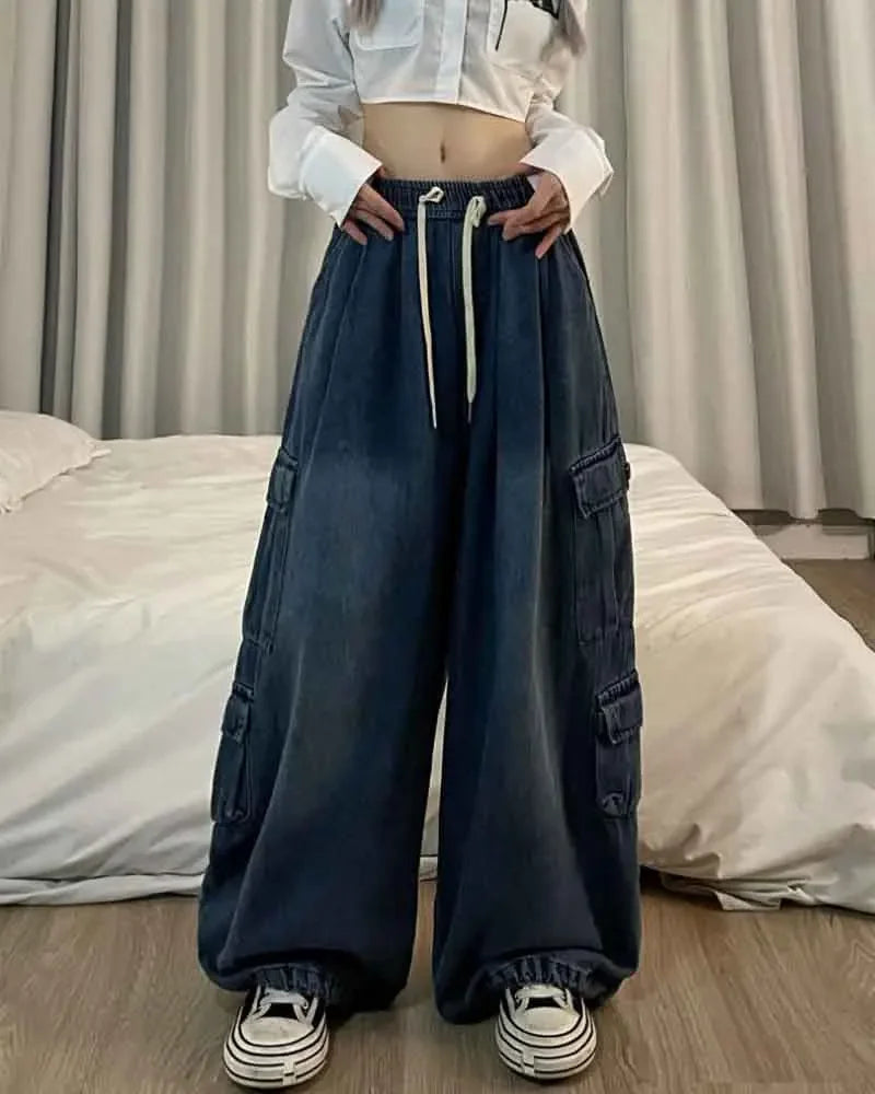 Elastic Waist Straight Wide Leg Pants Oversized Baggy Denim Trousers