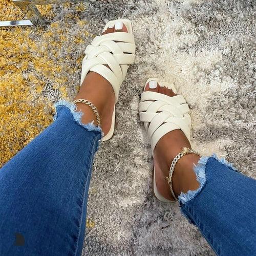 Summer Leather Flat Beach Slides Outdoor Casual Women Slippers Beige / 7.5