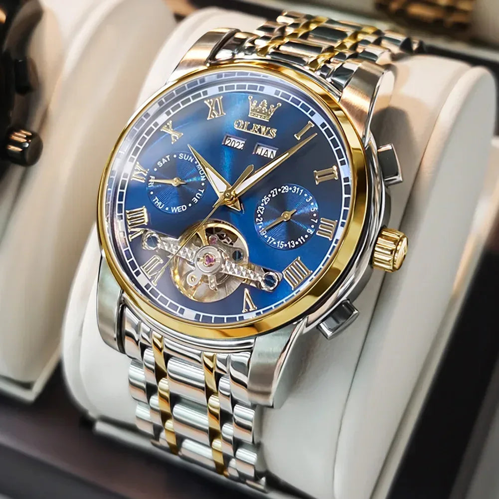 OLEVS Men's Watches Automatic Mechanical Business Wristwatch Gold blue face