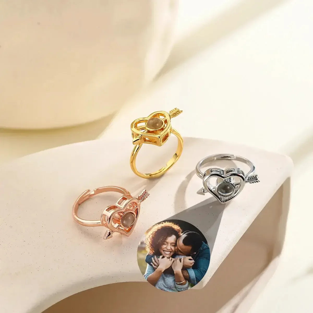Custom Photo Projection Heart Ring Personalized Couple Silver / United States / resizable