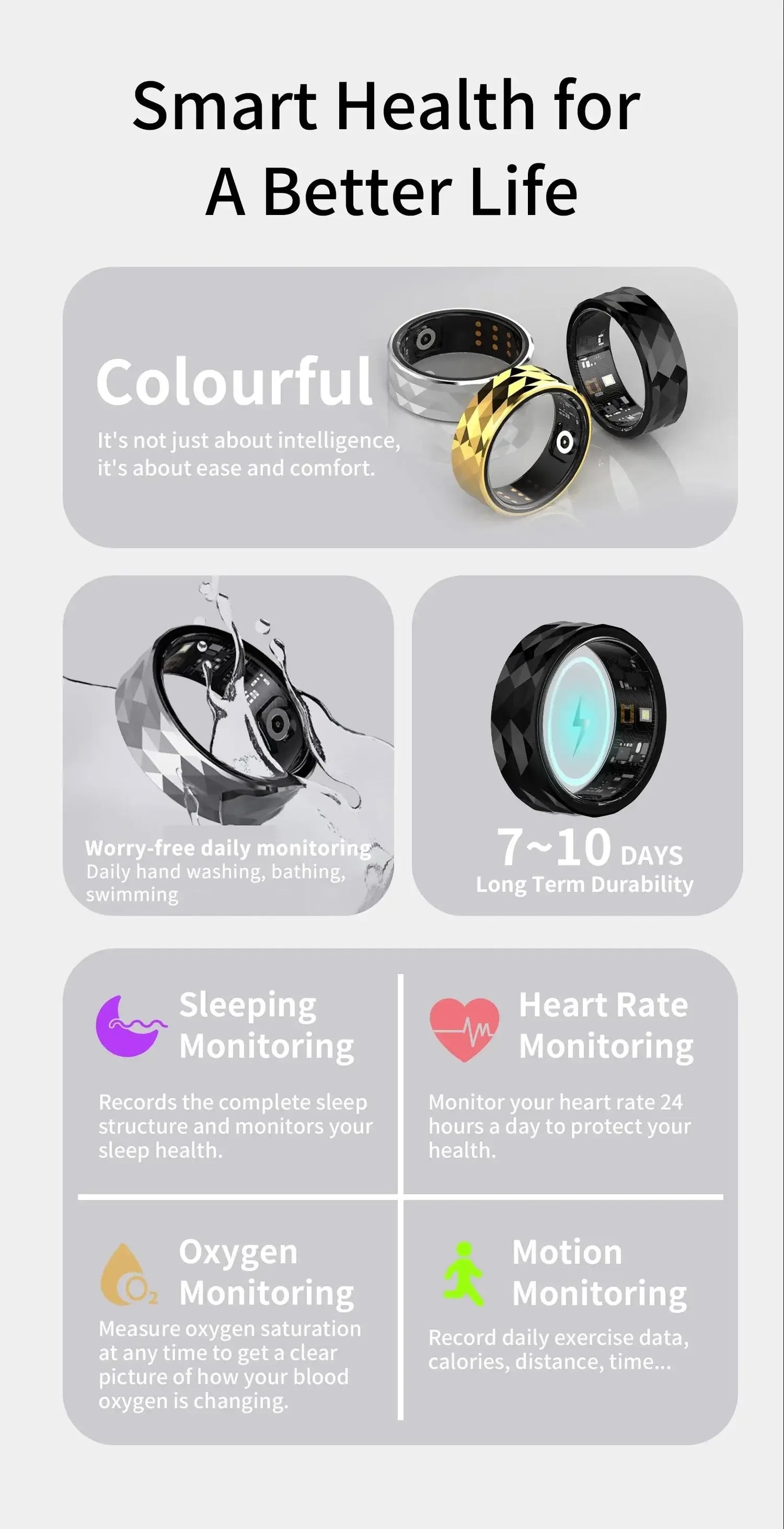 Bluetooth Smart Ring with Health Tracking Gold 18