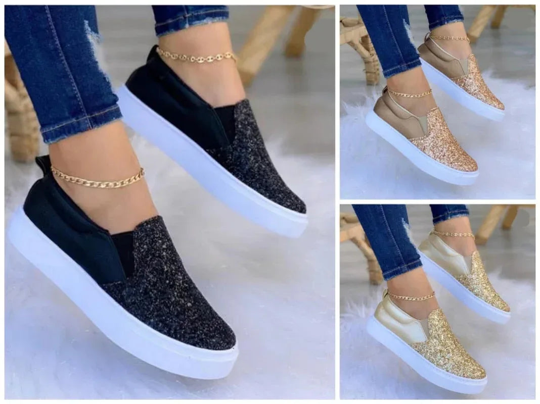 Moccasins Glitter Flat Female Loafers Shoes Black/Rose Gold/Black/Gold Rose Gold / 6.5