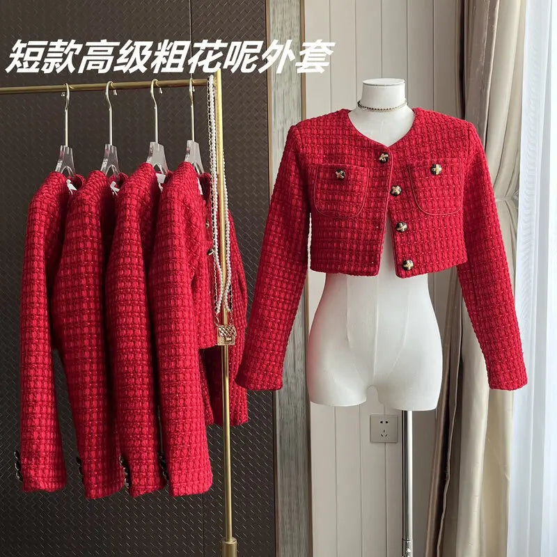 Single Breasted Tweed Weave Cropped Tops