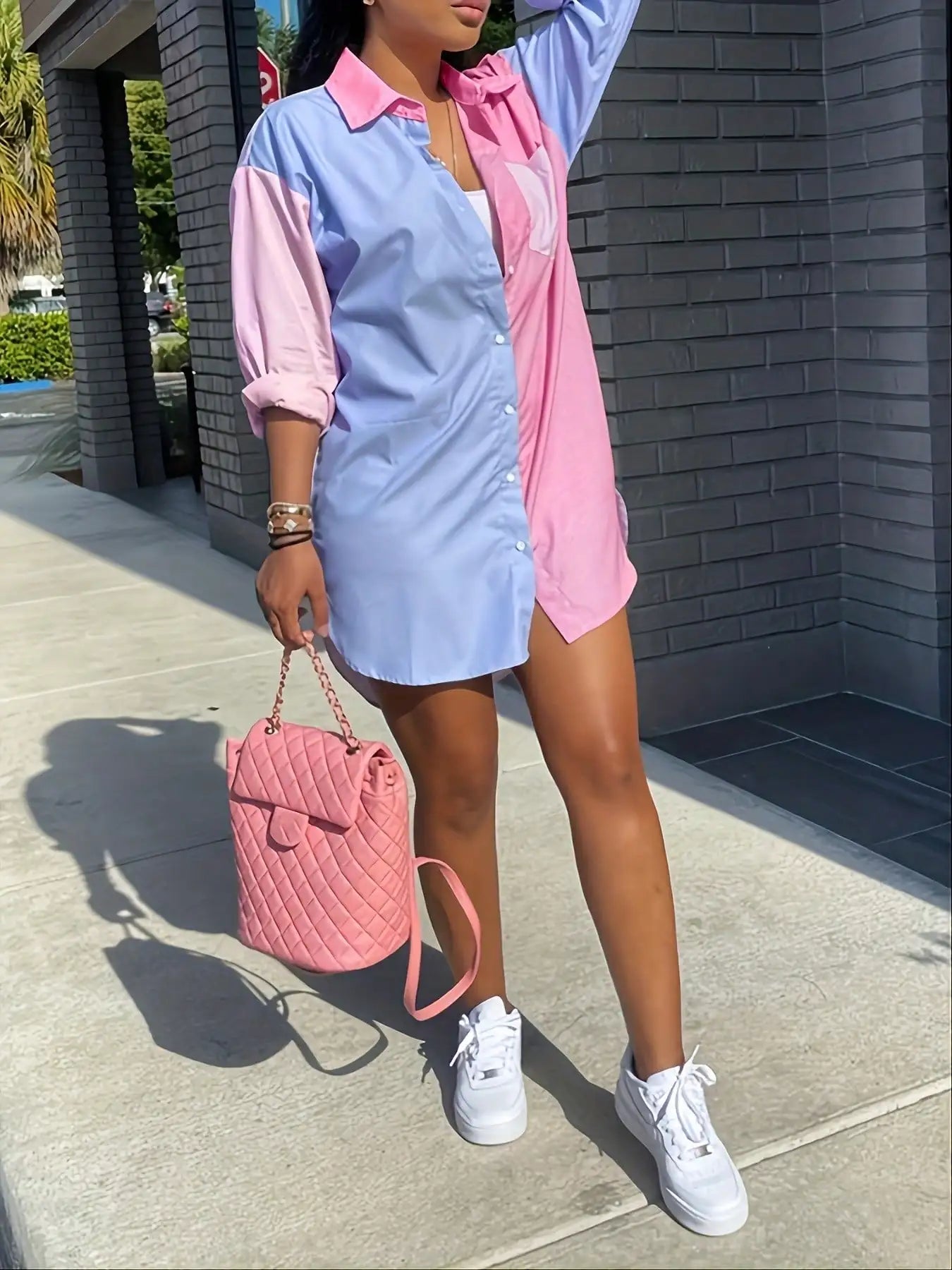 2025 Color Block Oversized Button Shirt